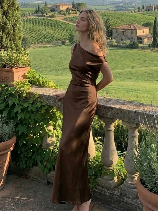 Cider Dresses & Skirts - Cider Satin Asymmetrical Neck Backless Maxi Dress.